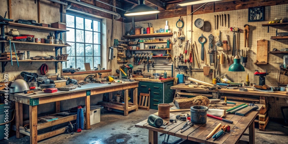 A cluttered workshop with tools and materials scattered around, messy, disorganized, chaos, tools, workshop A cluttered workshop with tools and materials scattered around, messy, disorganized, chaos, tools, workshop