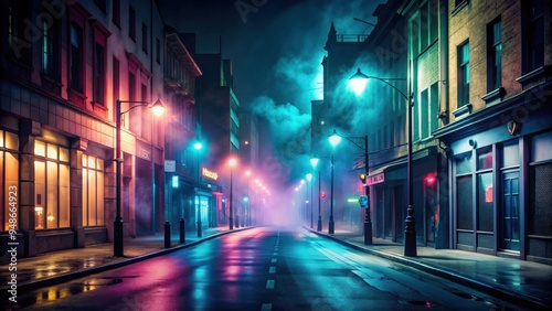 Dark empty street at night with neon lights, spotlights, and smoke floating in the air , Urban