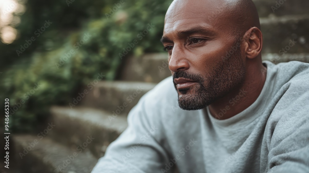 A contemplative man in a gray sweatshirt sits on outdoor stone steps, seemingly deep in thought as he gazes away from the camera, conveying a sense of introspection. A contemplative man in a gray sweatshirt sits on outdoor stone steps, seemingly deep in thought as he gazes away from the camera, conveying a sense of introspection.