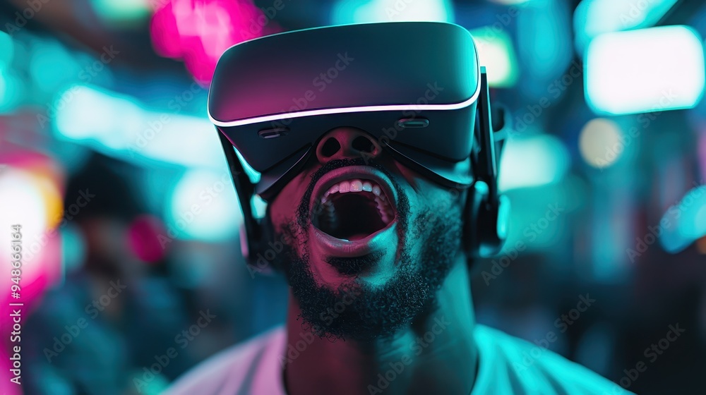A man wearing a virtual reality headset, expressing excitement while immersed in a digital experience in an indoor environment with a vibrant and futuristic ambiance.