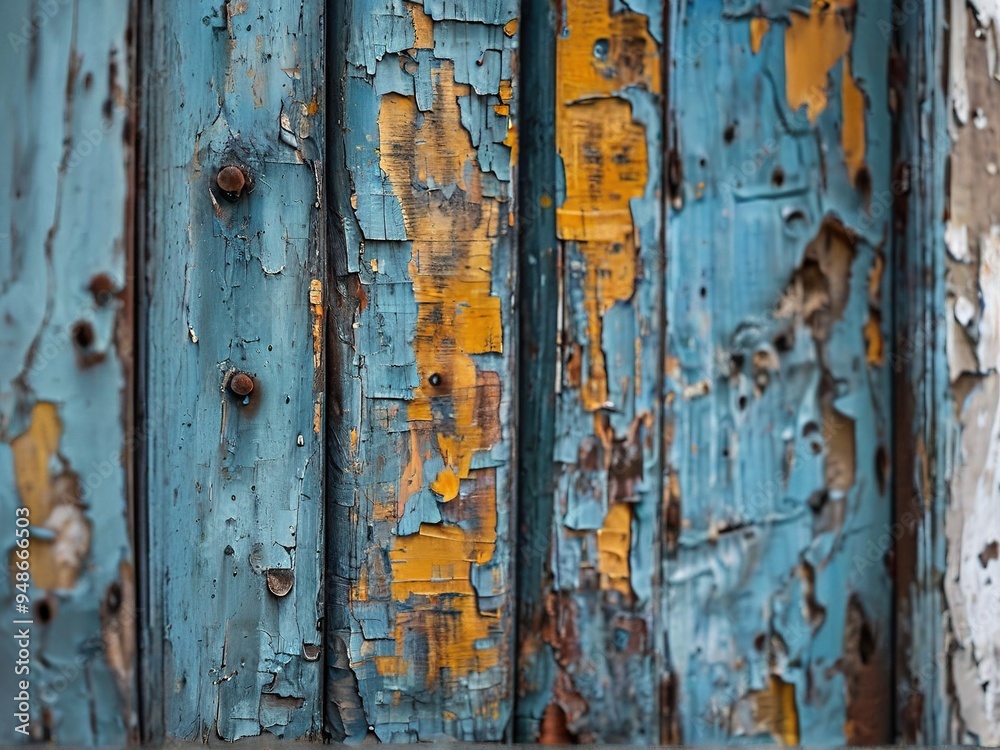 Close-up of weathered wooden planks with peeling blue and yellow paint. The wood is showing through the paint in some areas. Close-up of weathered wooden planks with peeling blue and yellow paint. The wood is showing through the paint in some areas.