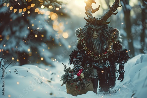 Type: full shot, , Subject: Krampus in a snowy landscape with a sack of toys, decorated with Christmas lights and festive wreaths, Environment: winter wonderland with holiday photo