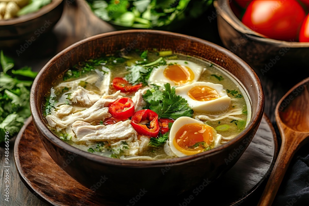 Soto is a traditional indonesian soup mainly composed of broth, chicken and vegetables banner, long format Soto is a traditional indonesian soup mainly composed of broth, chicken and vegetables banner, long format