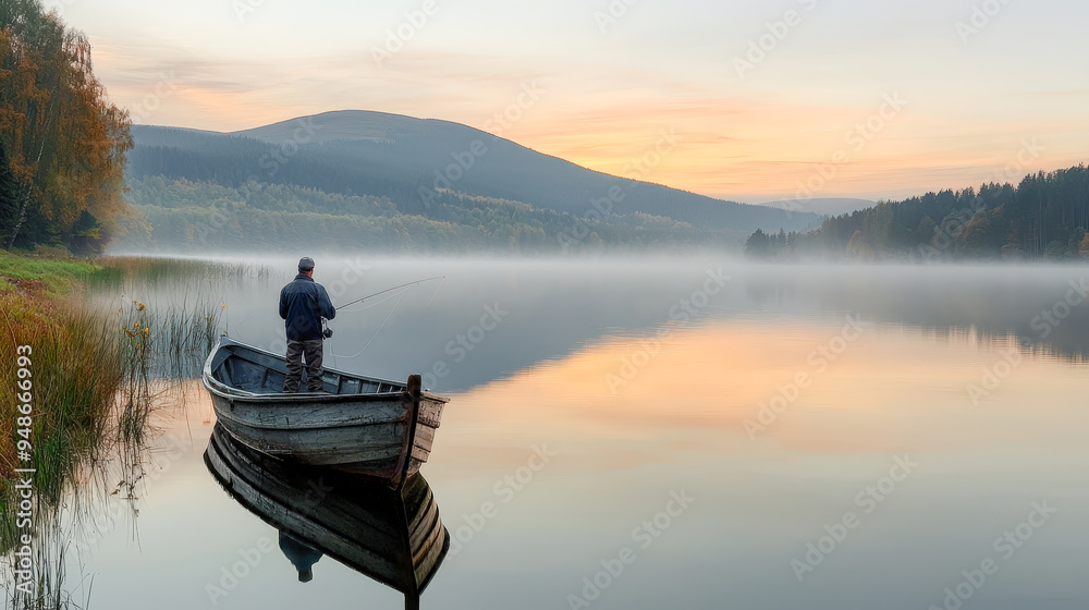 Serene Solitude A Fisherman Embraces the Tranquility of Early Morning Waters Casting His Line into the Stillness Surrounded by Majestic Mountains and Calm Reflections Serene Solitude A Fisherman Embraces the Tranquility of Early Morning Waters Casting His Line into the Stillness Surrounded by Majestic Mountains and Calm Reflections