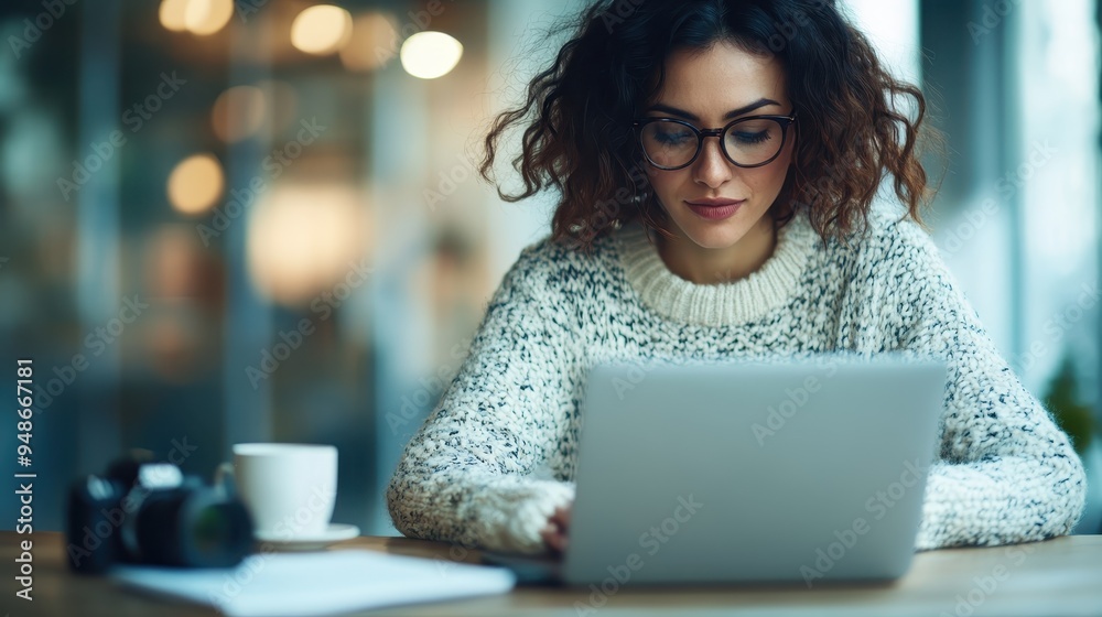 A woman with glasses working on her laptop in a stylish café setup, capturing the essence of modern life, productivity, and the balance of work and leisure. A woman with glasses working on her laptop in a stylish café setup, capturing the essence of modern life, productivity, and the balance of work and leisure.