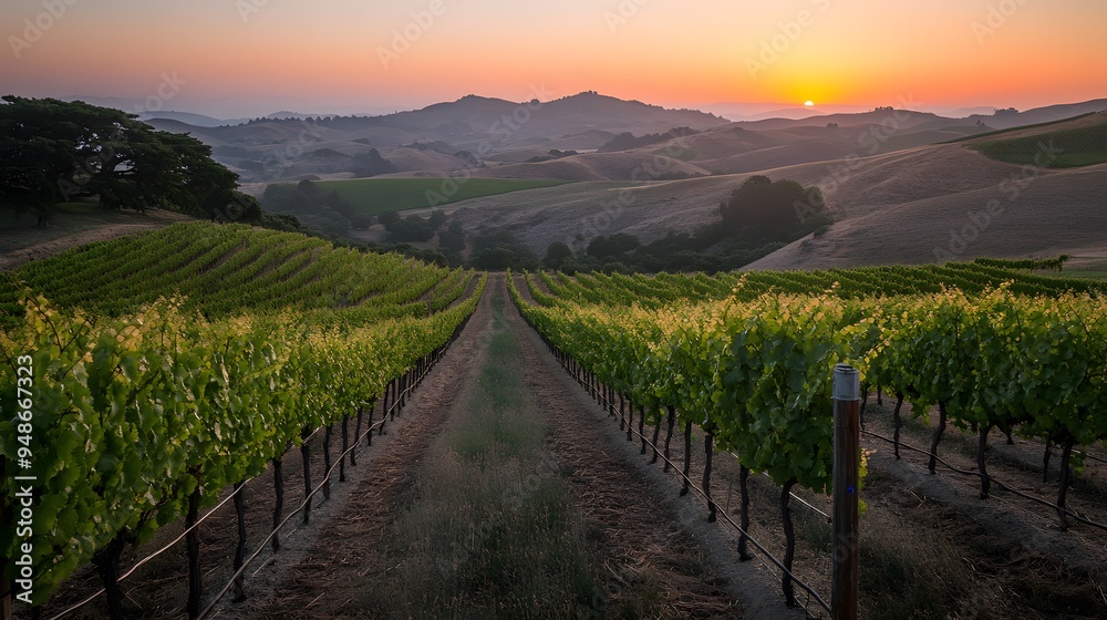 Naklejka premium 106. **A view of a vineyard with rolling hills and a sunset in the background.