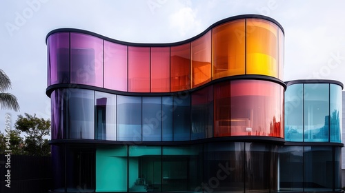 A contemporary building with vivid colors and expansive glass windows, featuring a dynamic wavy design that creates an eye-catching urban landmark against the sky. photo