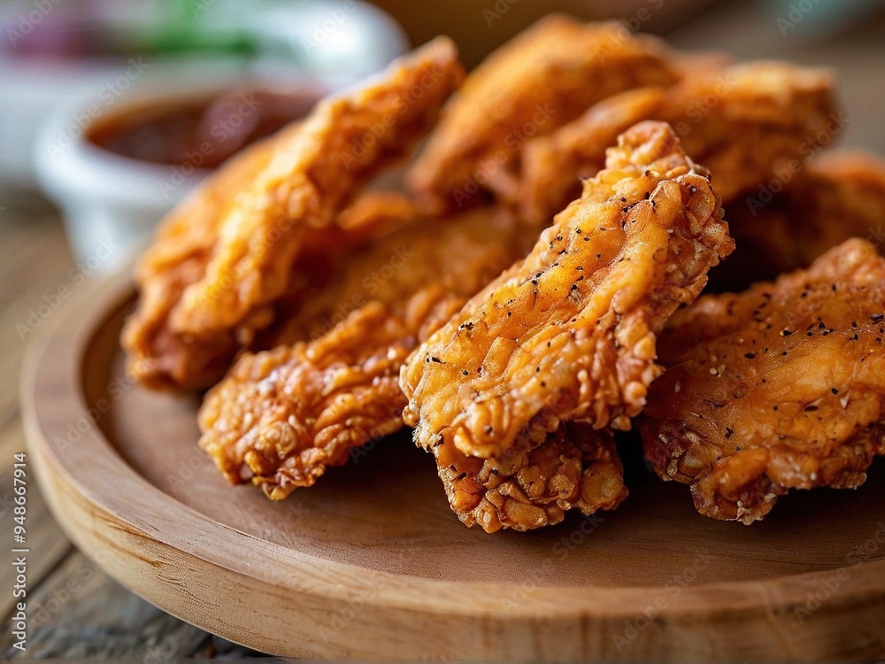 Crispy fried chicken tenders on a wooden plate with dipping sauce in the background. Crispy fried chicken tenders on a wooden plate with dipping sauce in the background.