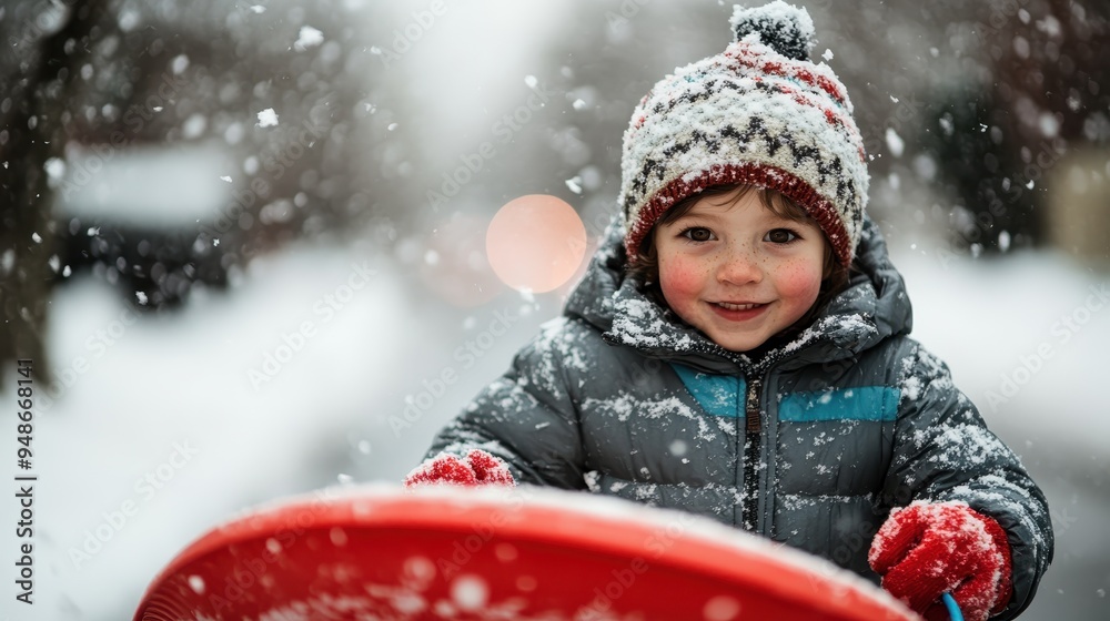 A smiling child bundled up in winter clothes, holding a red sled amidst falling snow, reflecting joyful winter playtime and the delight of a snowy day. A smiling child bundled up in winter clothes, holding a red sled amidst falling snow, reflecting joyful winter playtime and the delight of a snowy day.