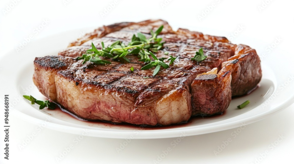 A perfectly cooked steak with a juicy interior and a seared crust, garnished with fresh herbs, presented on a clean white plate against a white background A perfectly cooked steak with a juicy interior and a seared crust, garnished with fresh herbs, presented on a clean white plate against a white background