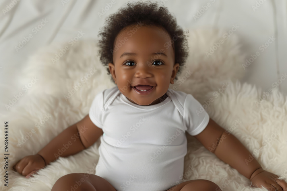 Smiling cute little black baby lying on bed with white bedding. Kid wearing blank solid white baby bodysuit onesie. Blank gender neutral newborn bodysuit template mock up. Top view Smiling cute little black baby lying on bed with white bedding. Kid wearing blank solid white baby bodysuit onesie. Blank gender neutral newborn bodysuit template mock up. Top view