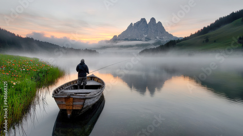 Serene Solitude A Fisherman Embraces the Tranquility of Early Morning Waters Casting His Line into the Stillness Surrounded by Majestic Mountains and Calm Reflections