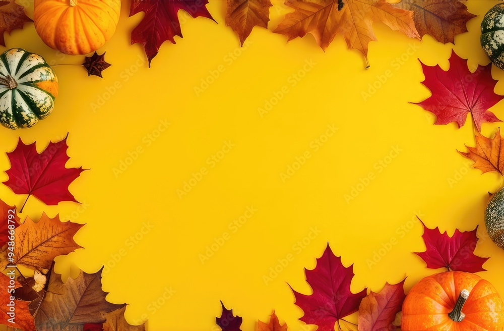 flatlay of pumpkins and autumn leaves with copy space on yellow background. harvest concept flatlay of pumpkins and autumn leaves with copy space on yellow background. harvest concept