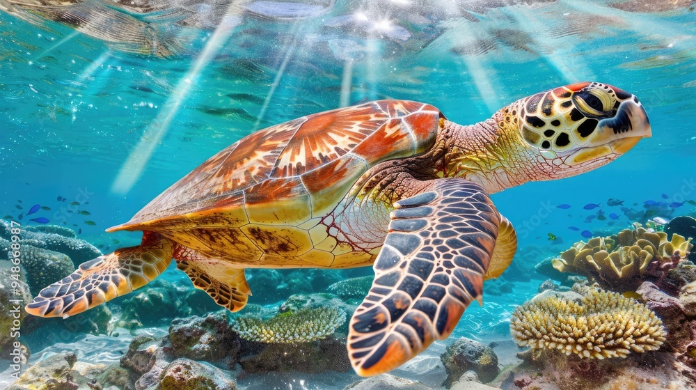 Fototapeta premium A graceful turtle glides through clear ocean waters, surrounded by vibrant coral reefs and a vibrant array of tropical fish