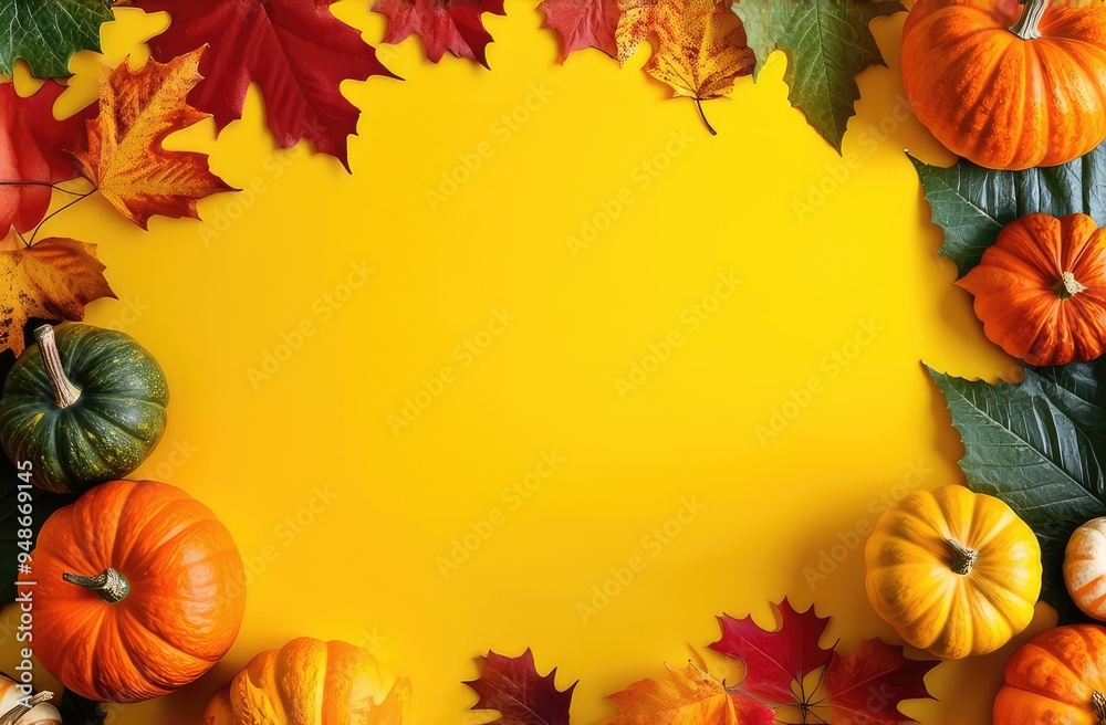 composition of pumpkins and autumn leaves with copy space on yellow background. harvest concept