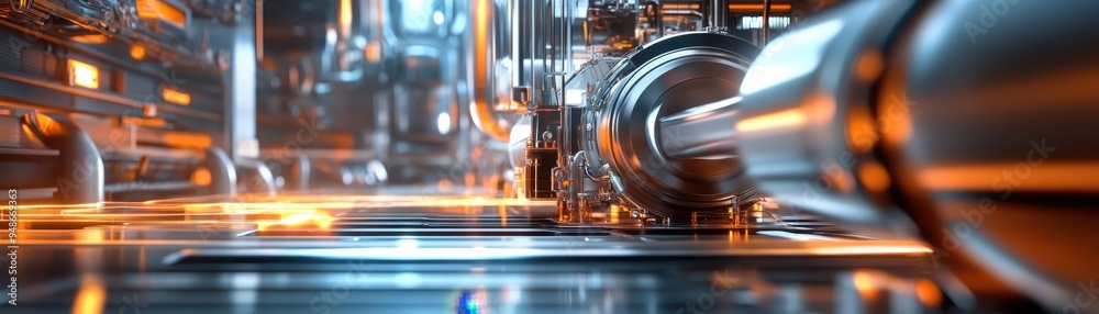 Fototapeta premium Futuristic industrial machinery with glowing lights and intricate components. High-tech factory interior showcasing advanced technology and engineering.