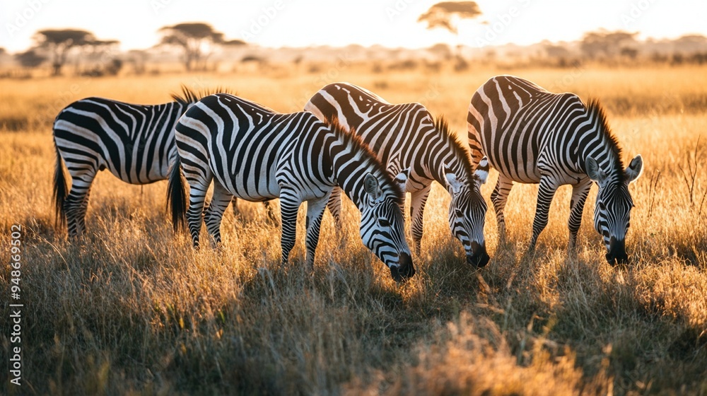 Fototapeta premium Majestic Zebras Grazing in Golden Savanna at Sunset