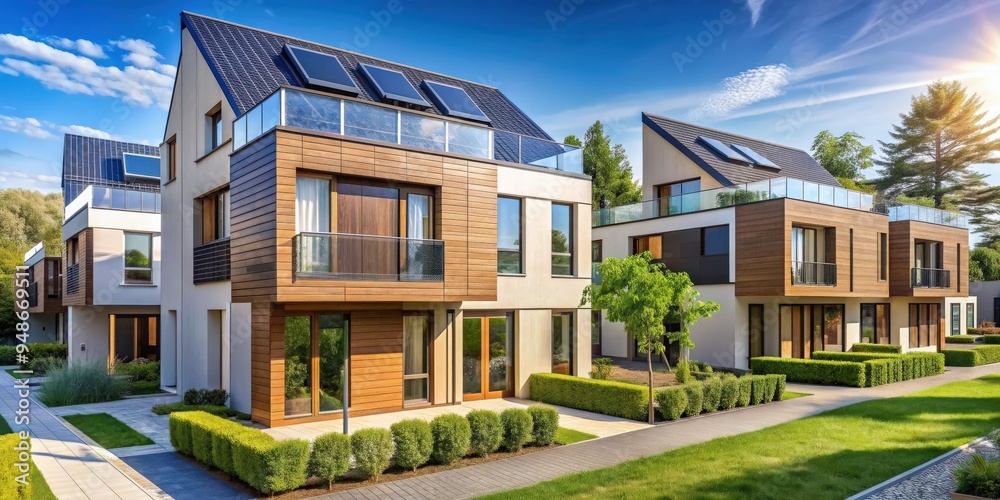 Modern eco-friendly houses with solar panels and energy-efficient windows, sustainable, low-energy Modern eco-friendly houses with solar panels and energy-efficient windows, sustainable, low-energy