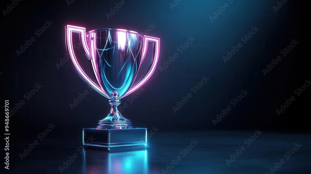 Neon Trophy with Blue and Pink Lights on a Dark Background Neon Trophy with Blue and Pink Lights on a Dark Background
