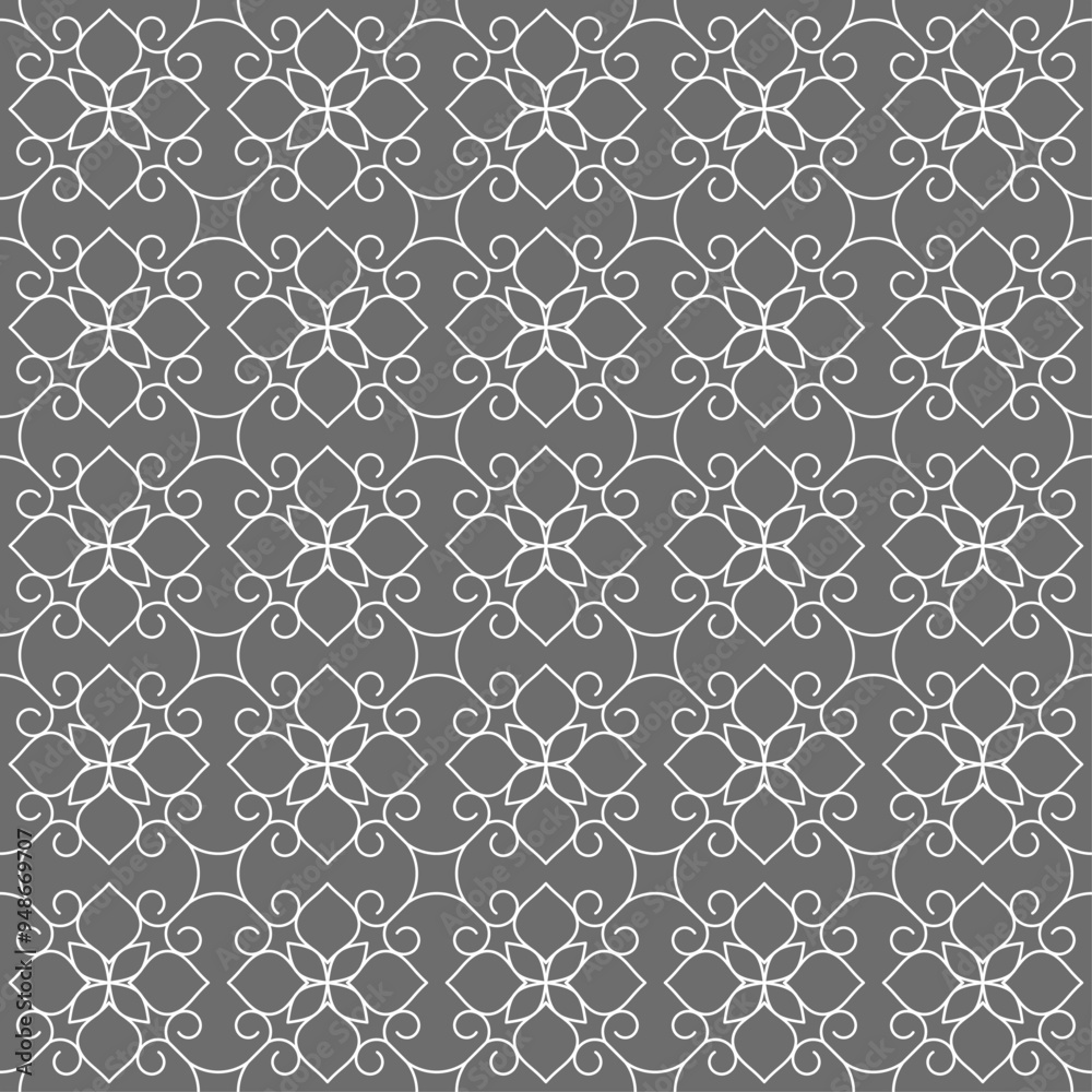 Fototapeta premium Seamless pattern with flower shapes consisting of interwoven white lines on a gray background. Suitable for various creative projects or decorative elements.
