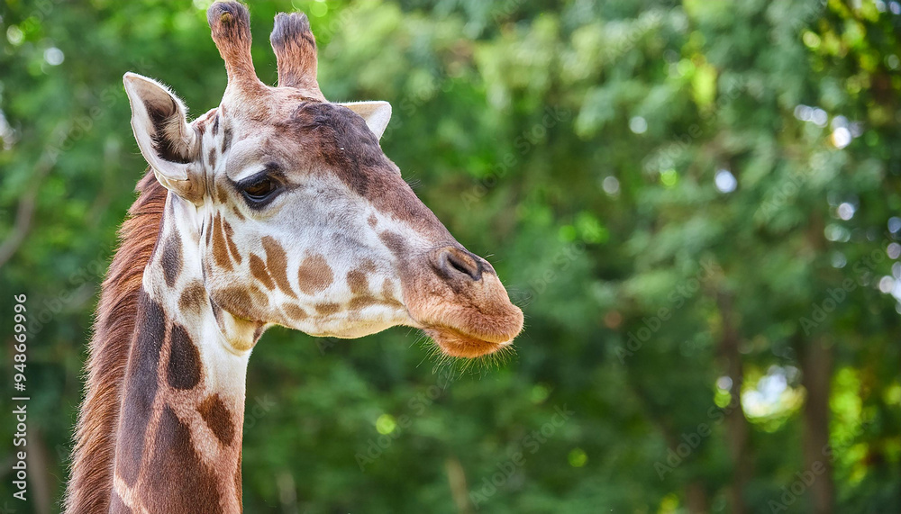 Giraffe face portrait, green trees on backdrop. Wild African animal. Safari park. Zoo concept. Giraffe face portrait, green trees on backdrop. Wild African animal. Safari park. Zoo concept.