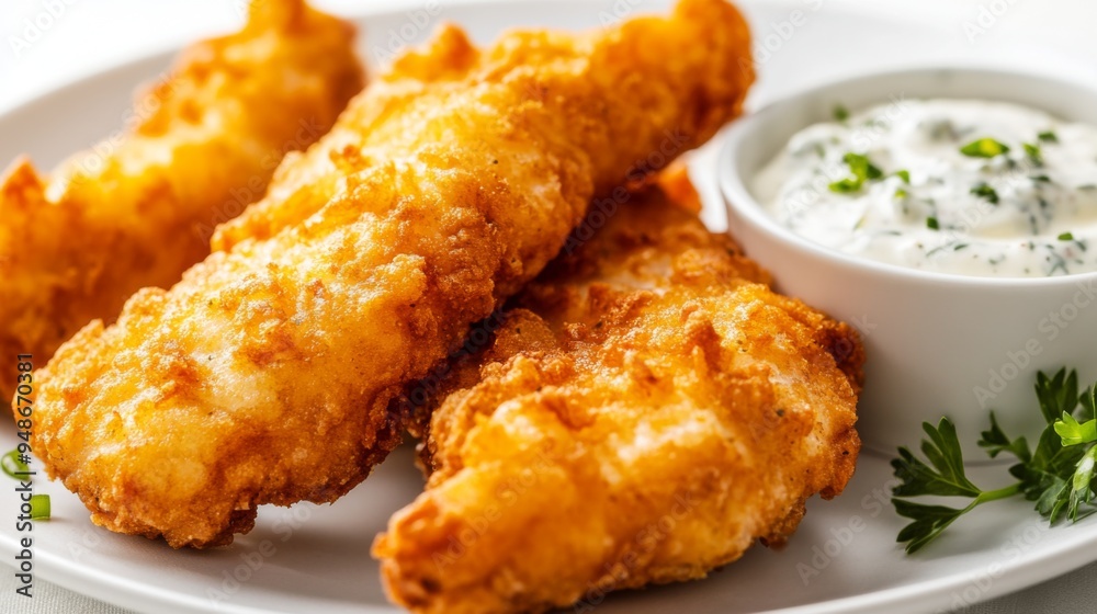 A plate of crispy fried fish fillets with a side of tartar sauce, arranged on a white background to emphasize the golden-brown texture and appetizing look. A plate of crispy fried fish fillets with a side of tartar sauce, arranged on a white background to emphasize the golden-brown texture and appetizing look.