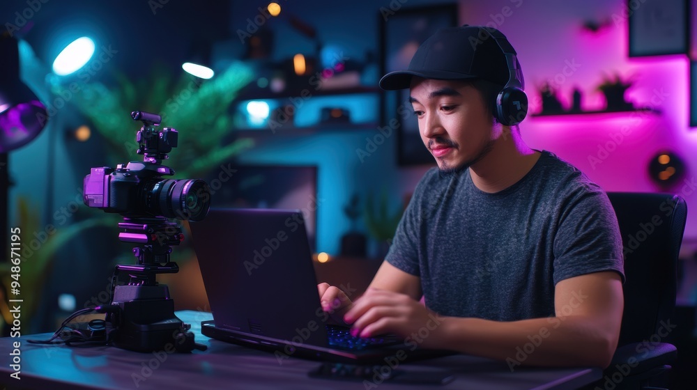 A tech vlogger reviewing gadgets with a laptop and camera setup in a sleek, tech-themed studio.