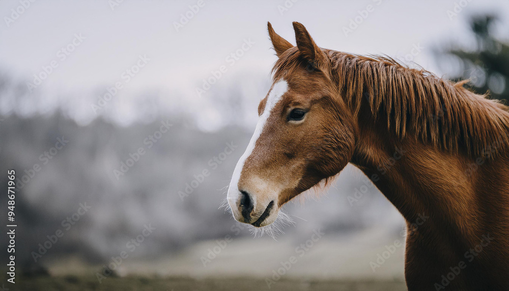 Fototapeta premium Close-up photo of horse in field. Farm or wild animal portrait. Zoo concept.