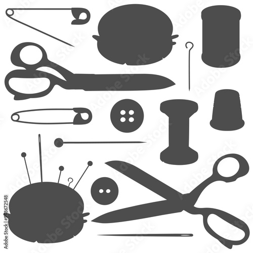 Set of black and white illustrations with sewing supplies. Isolated vector objects on white background.