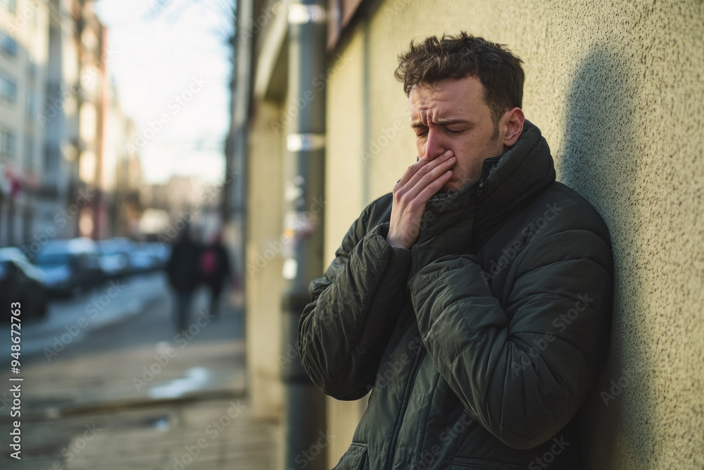 Man in dark coat leans on wall, holds hand to face Man in dark coat leans on wall, holds hand to face