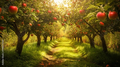 7. **A picturesque orchard with rows of apple trees bearing ripe fruit. photo