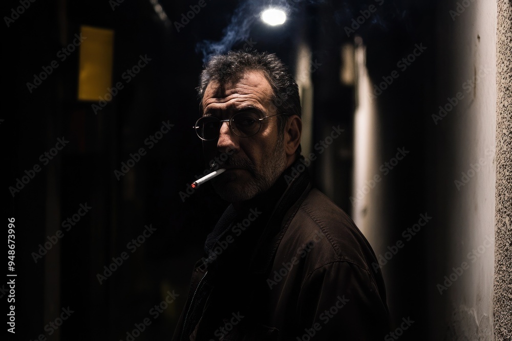 Silhouette smoking in a dark, narrow urban alley at night Silhouette smoking in a dark, narrow urban alley at night