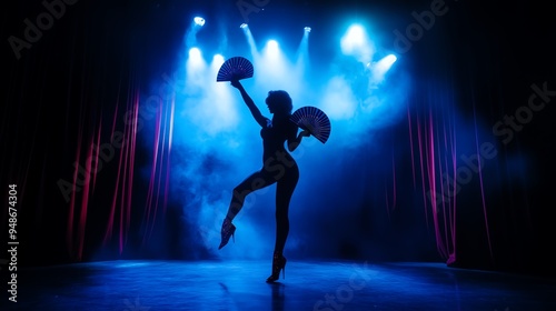 color photo of a silohuette of a female cabaret dancer in rhinestoned high heels and holding fans