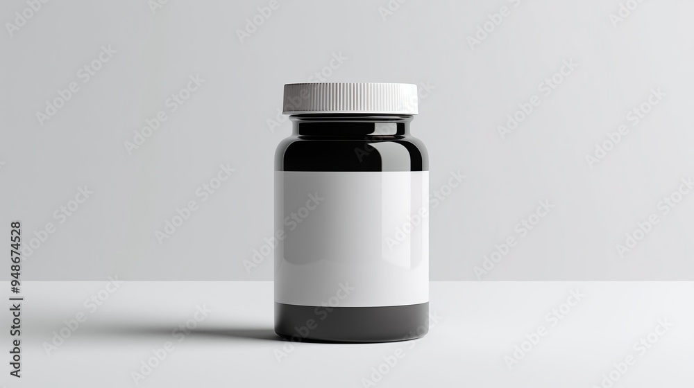 A basic, unbranded pill bottle or box mockup, placed centrally on a white background. The label area A basic, unbranded pill bottle or box mockup, placed centrally on a white background. The label area