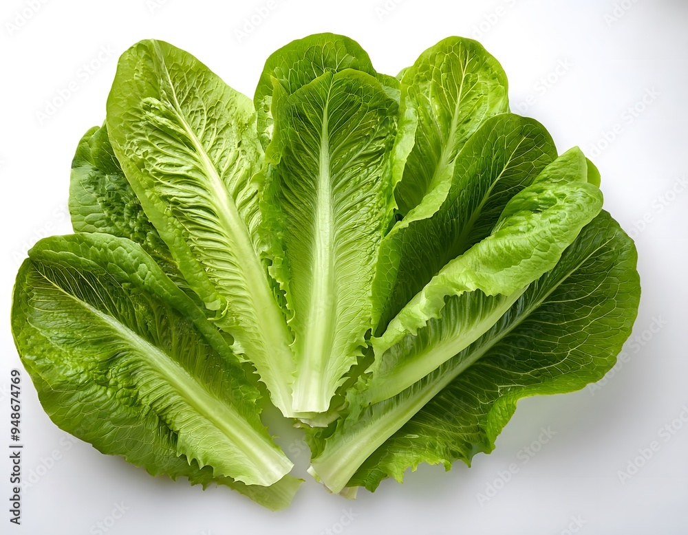 Obraz premium An isolated image of crisp romaine lettuce leaves, fanned out on a white background