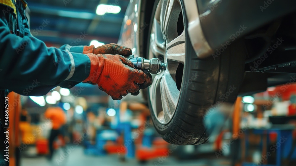 Mechanic Tightening a Lug Nut on a Car Tire Mechanic Tightening a Lug Nut on a Car Tire