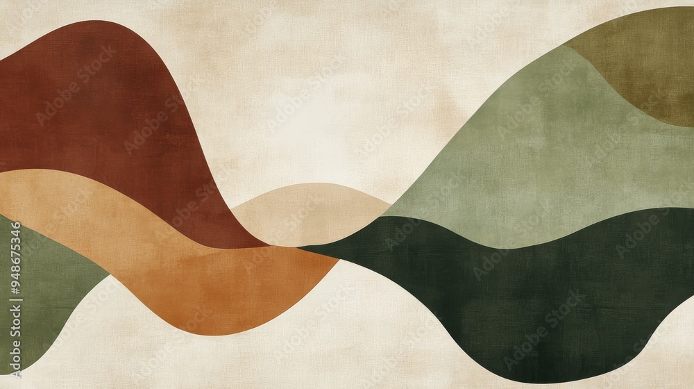 This piece is a modern abstract artwork adorned with flowing geometric shapes that showcase hues of beige, brown, and green, evoking a sense of simplicity along with rich creativity and imagination This piece is a modern abstract artwork adorned with flowing geometric shapes that showcase hues of beige, brown, and green, evoking a sense of simplicity along with rich creativity and imagination