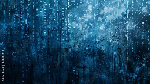 An abstract illustration in ASCII art style, where a diverse mix of alphanumeric characters and symbols are dispersed across a textured blue background, forming a chaotic yet visually appealing