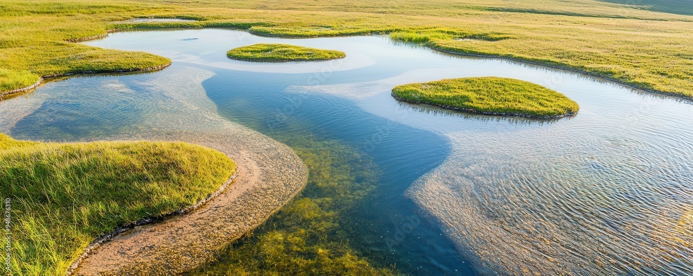 Beautiful landscape featuring tranquil waters, grassy islands, and serene reflections under a clear blue sky. Beautiful landscape featuring tranquil waters, grassy islands, and serene reflections under a clear blue sky.
