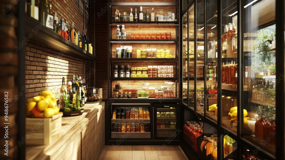 Naklejka premium Interior of a modern bar with shelves of liquor bottles and jars.