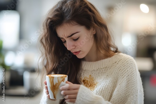 Young woman holding a cup, looking contemplative.