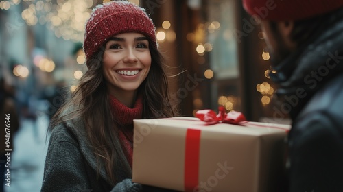 Smiling man in Santa hat holding gift box