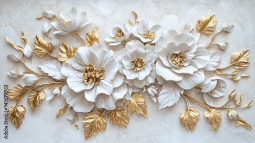 This stunning 3D illustration features golden flowers and intertwined branches, perfect for postcards or decor. It adds elegance and charm to various settings, enhancing any spaces aesthetic appeal