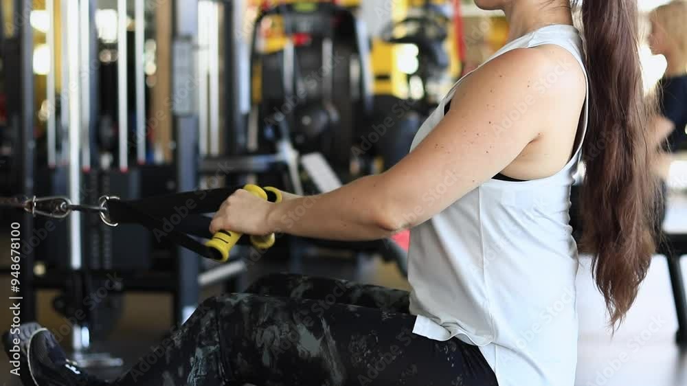 Seated lower row. Girl doing sports in a sports club. Intensive ...