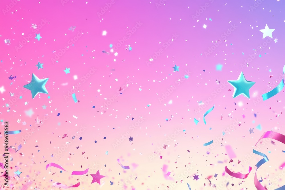 Fototapeta premium A vibrant, celebratory sky with stars, ribbons, and confetti in a gradient of pink to yellow.