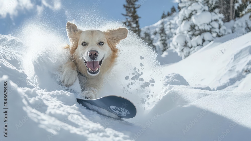 A dog carving through fresh powder on a snowboard, with a big grin on its face A dog carving through fresh powder on a snowboard, with a big grin on its face