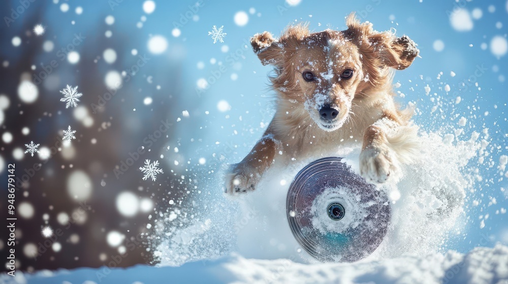 A dog doing a 360 spin on a snowboard, snowflakes swirling around A dog doing a 360 spin on a snowboard, snowflakes swirling around