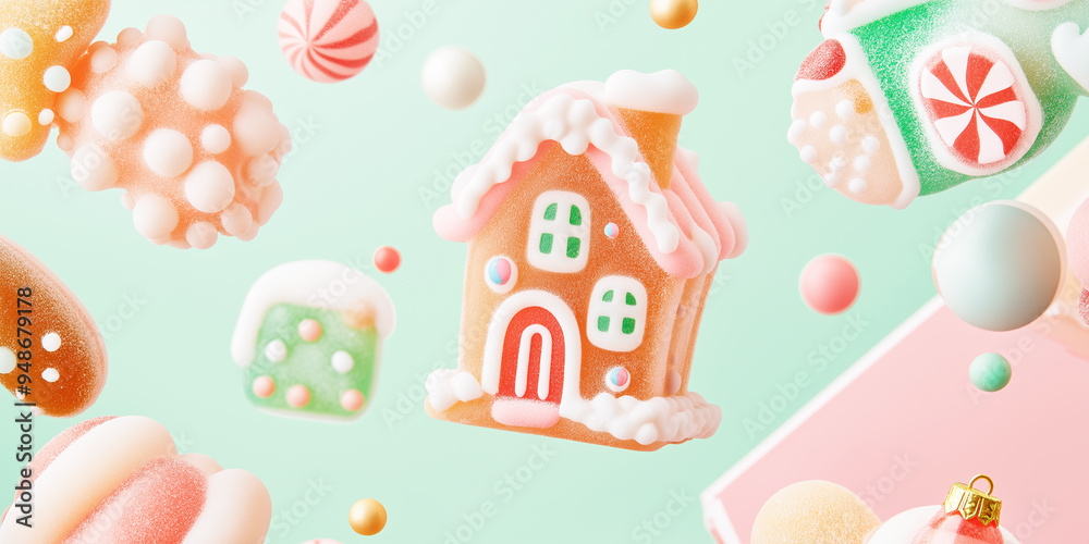 Gummy gingerbread houses with candy windows floating among twinkling lights, holiday background
Gummy gingerbread houses with candy windows floating among twinkling lights, holiday background