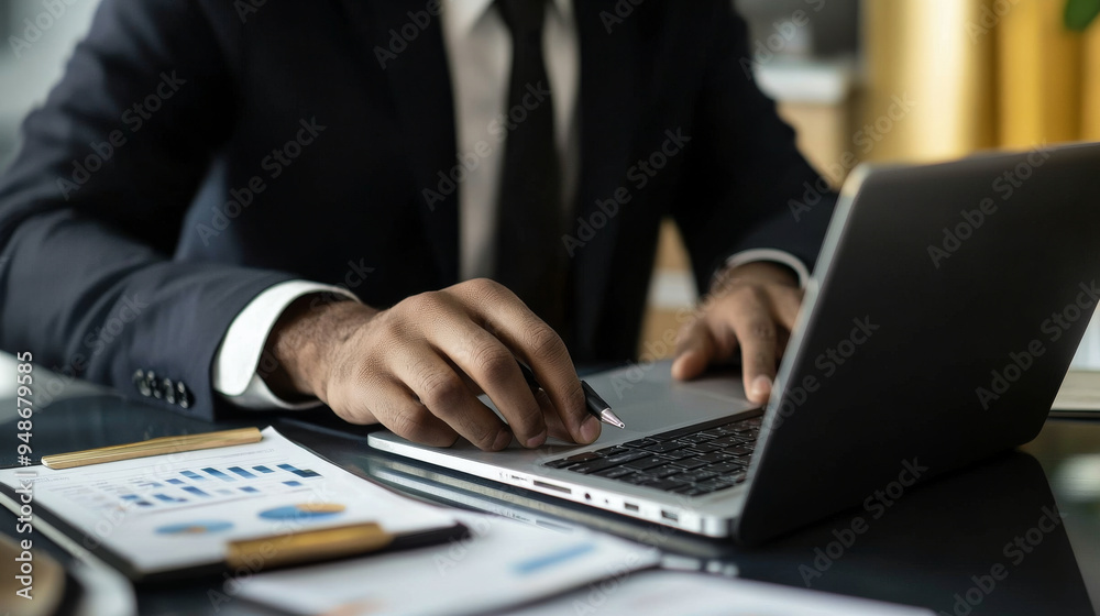 Businessman working on a laptop at a desk Businessman working on a laptop at a desk