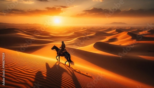 Desert Journey at Sunset: A Lone Rider Amidst the Dunes photo